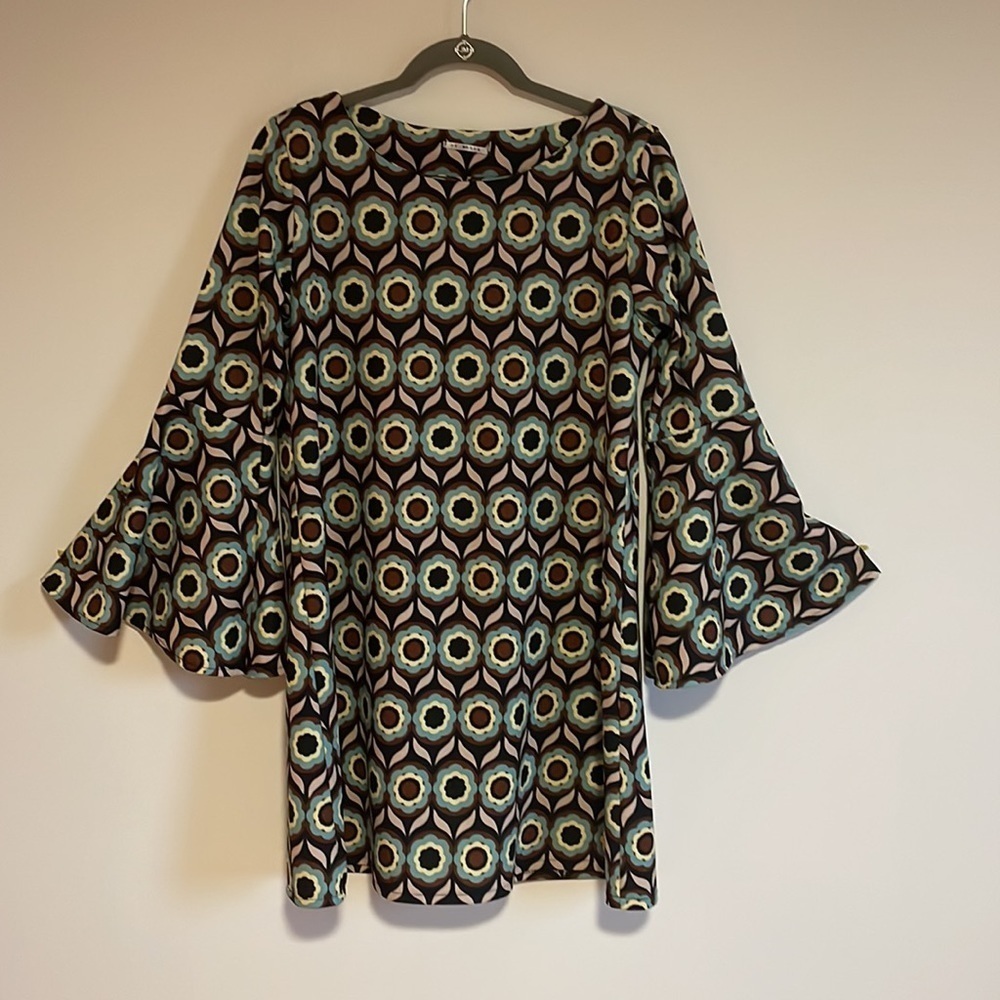 Dr Bloom Retro Floral Dress LG Brown Teal Blue Bell Sleeve Hippie MIDI